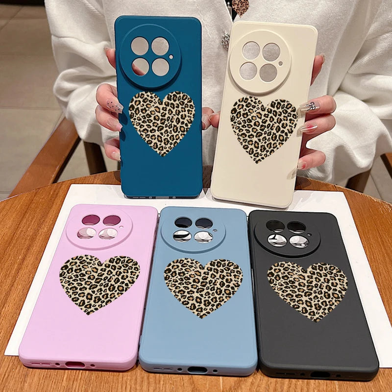 Lanyard Soft TPU Phone Case For OnePlus 15 13 13T 12 13R 12R 11R Nord 5 Ace 5 3 2 5G Leopard Print Heart Pattern Silicone Cover