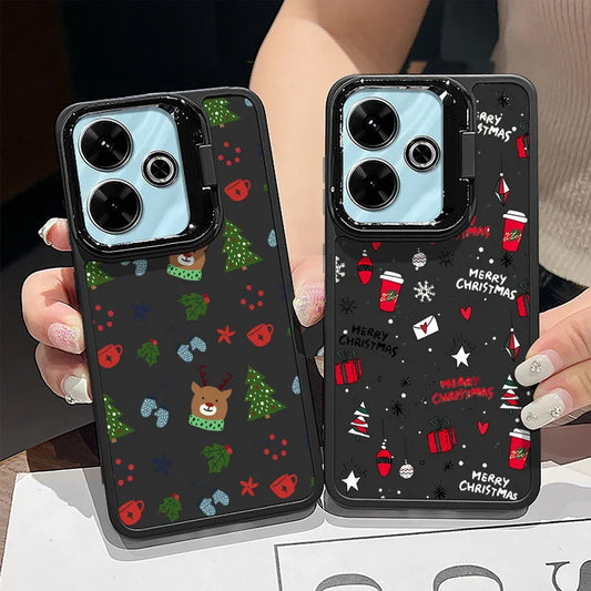Lens Frame Holder Soft TPU Case For Xiaomi Redmi Note 13 Pro 12 11 Pro 5G 13C 4G Christmas Gifts Pattern Kickstand Phone Cover