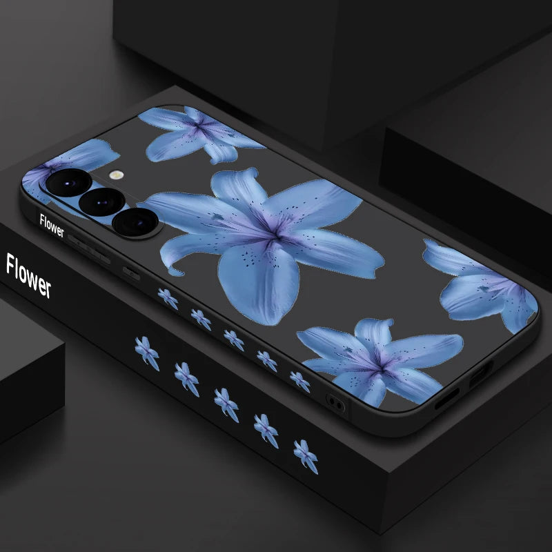 Soft TPU Phone Case For Samsung Galaxy S24 S25 FE S25 S23 S22 Ultra A17 A56 A16 A55 A25 A15 A36 A54 5G Blue Flower Print Cover