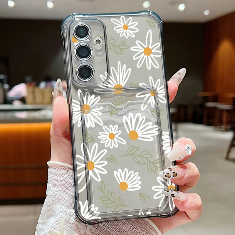 Card Slot Pocket Case For Samsung Galaxy A56 A55 A25 A16 A15 A36 5G S25 Edge S24 Ultra S23 S24 FE Cartoon White Flower TPU Cover