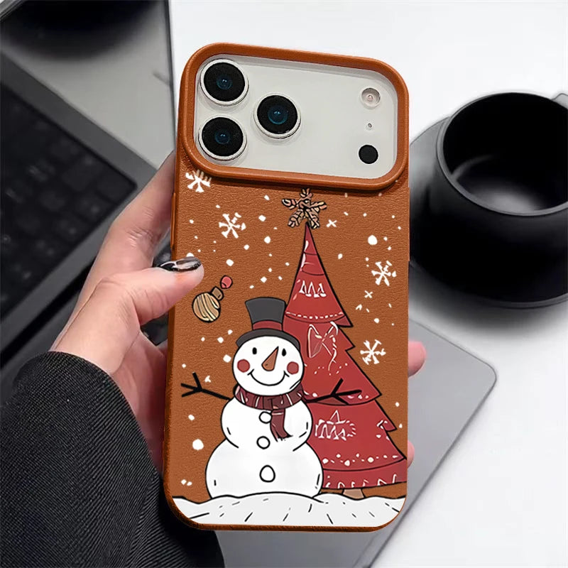 Christmas Snowman Print Phone Case For iPhone 17 16 15 14 Pro Max 13 12 Pro Air 11 16e Shockproof Leather Texture TPU Soft Cover