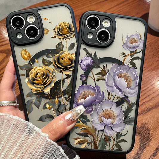 Flowers Print Magnetic Matte Case For iPhone 16 15 14 13 12 Pro Max 11 For Magsafe Wireless Charge Soft Edge Hard PC Phone Cover