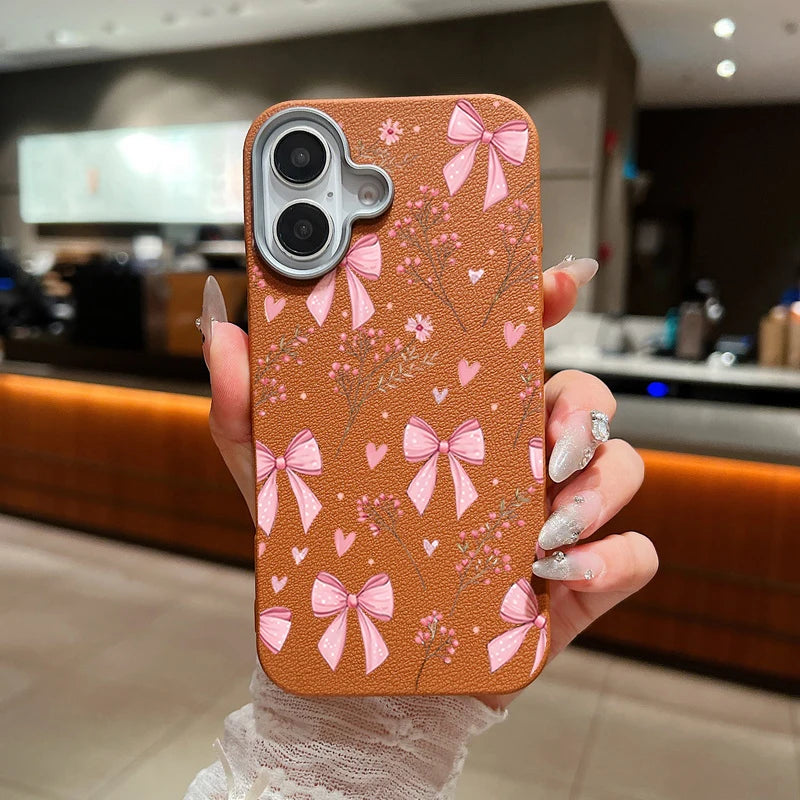Leather Texture Soft TPU Phone Case For iPhone 17 16 15 Pro Max 14 15 Plus 13 12 Pro Max 11 Air Pink Bowknot Pattern Back Cover