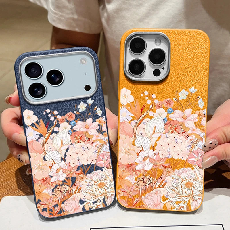 Leather Texture TPU Phone Case For iPhone 17 16 15 Pro Max 14 15 Plus 13 12 Pro Max 11 Air Pink Flowers Printed Soft Back Cover