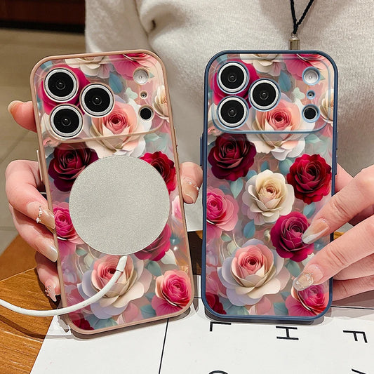 Magnetic Phone Case For iPhone 17 Pro 16 15 14 13 Pro Max For Magsafe Wireless Charge Red Rose Floral Pattern Hard PC Back Cover
