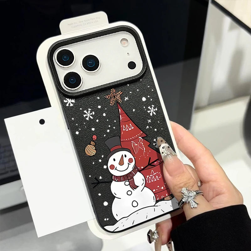 Christmas Snowman Print Phone Case For iPhone 17 16 15 14 Pro Max 13 12 Pro Air 11 16e Shockproof Leather Texture TPU Soft Cover