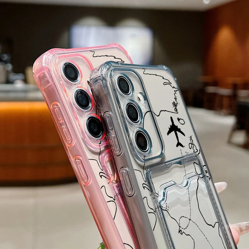 Air Route Card Bag Wallet Case For Samsung Galaxy S25 S24 S22 Ultra S23 FE A55 A35 A25 A15 A16 5G A06 A05 Soft TPU Phone Cover