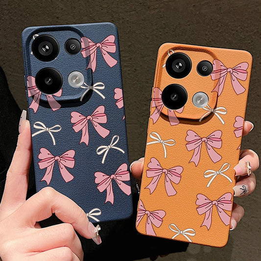 Pink Bowknot Pattern Phone Case For Xiaomi Redmi Note 14 13 Pro 4G Note 13 14 Pro Plus 5G 13C 11 Pro Leather Texture TPU Cover