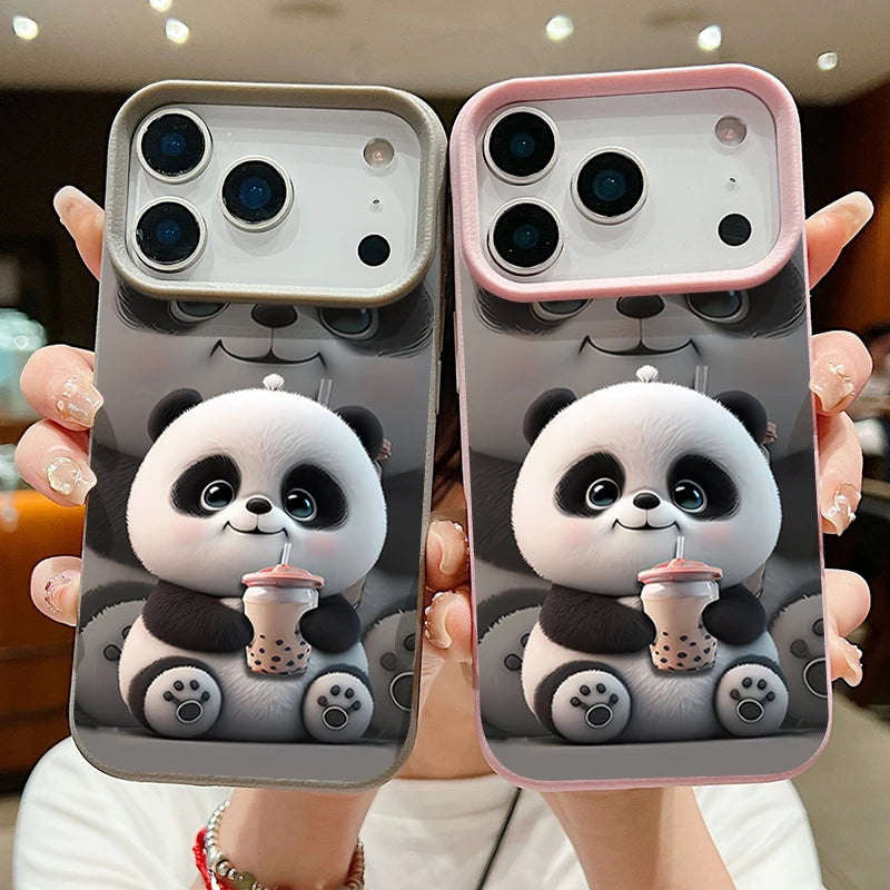 Cartoon Panda Printed TPU Phone Case For iPhone 17 16e 16 15 Pro Max 14 13 12 Pro Max 11 Air Soft Leather Texture Silicone Cover