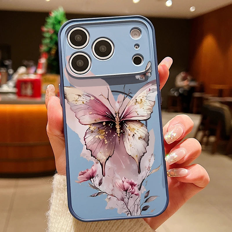 Magnetic Phone Case For iPhone 17 Pro 16 15 14 13 Pro Max For Magsafe Wireless Charge Pink Butterfly Print Hard PC Back Cover