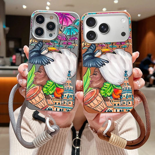 Wrist Strap Lanyard Phone Case For iPhone 17 16 15 Pro Max 14 15 Plus 13 12 Pro Max 11 Air Art Painting Patterned Soft TPU Cover