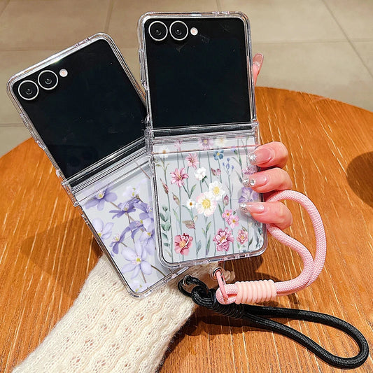 Wrist Strap Lanyard Phone Case For Samsung Galaxy Z Flip7 Flip6 Flip5 Flip4 Flip 7 FE 6 5 4 3 5G Flower Printed Folding Cover