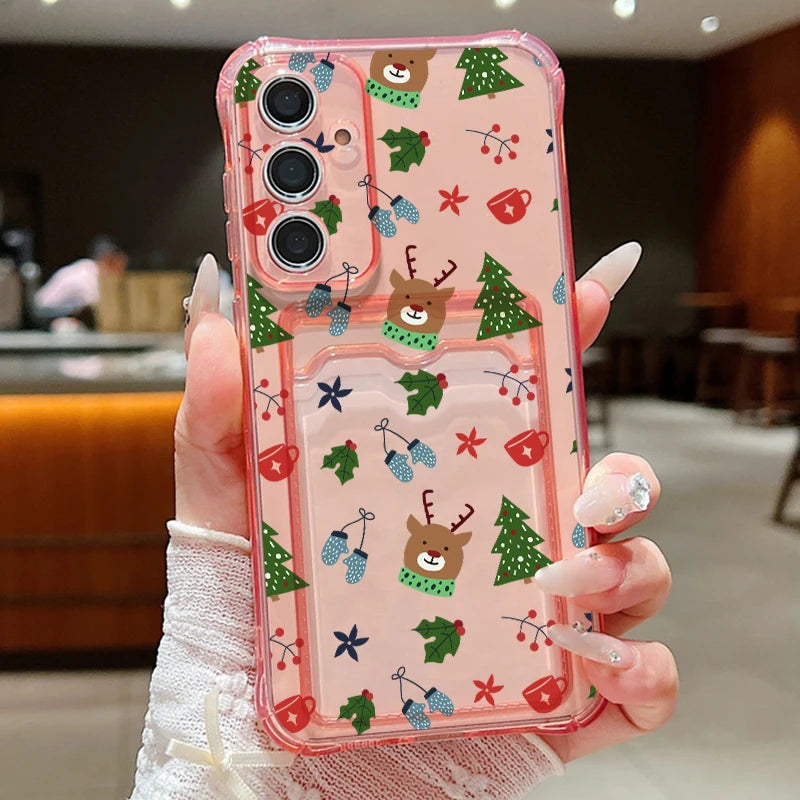 Card Pocket TPU Phone Case For Samsung Galaxy S25 S24 S23 Ultra S24 S23 S25 FE S22 S21 Plus Christmas Tree Printed Soft Cover