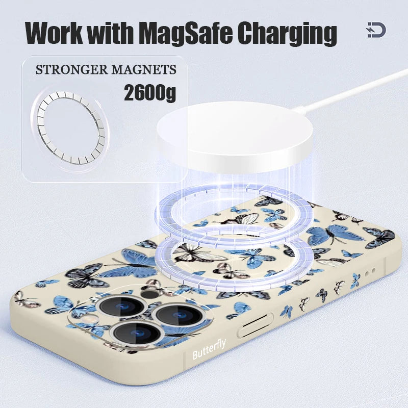 Blue Butterfly Pattern Phone Case For iPhone 17 Pro Max Air 16E 16 15 14 13 12 Pro Max 11 Magnetic For Magsafe Lanyard TPU Cover