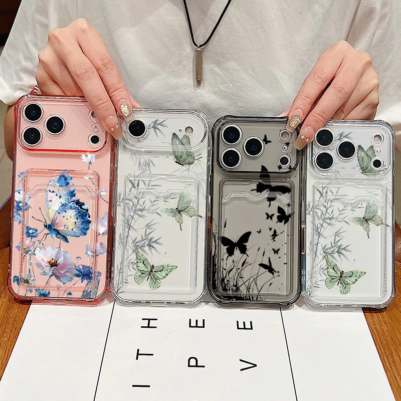 Card Slot Pocket TPU Case For iPhone 17 16 Pro 15 14 13 Pro Max 11 Shockproof Butterfly Pattern Soft Silicone Clear Phone Cover