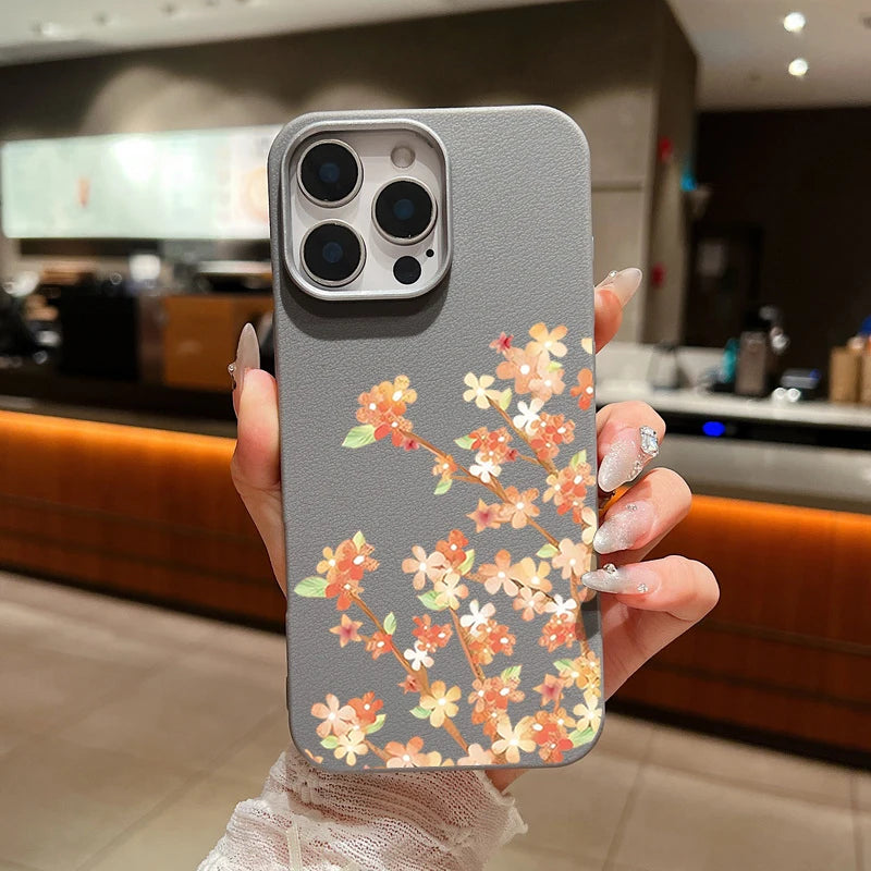 Leather Texture TPU Phone Case For iPhone 17 16 15 Pro Max 14 15 Plus 13 12 Pro Max 11 Air Orange Flowers Printed Back Cover
