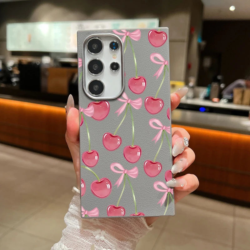 Cherry Bowknot Printed TPU Phone Case For Samsung Galaxy A56 A16 A36 A55 A15 A25 A26 A35 A54 A53 5G Leather Texture Back Cover