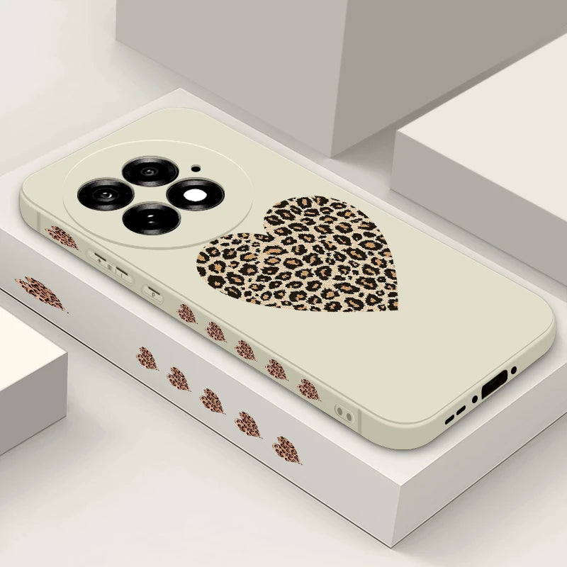Lanyard Soft TPU Phone Case For OnePlus 15 13 13T 12 13R 12R 11R Nord 5 Ace 5 3 2 5G Leopard Print Heart Pattern Silicone Cover