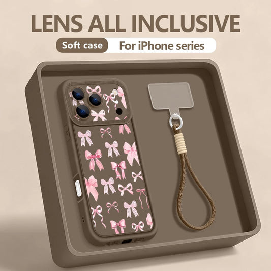 Wrist Strap Lanyard Phone Case For iPhone 17 Pro Max Air 16E 16 14 15 Pro 12 13 Pro Max 11 Pink Bowknot Printed Soft TPU Cover