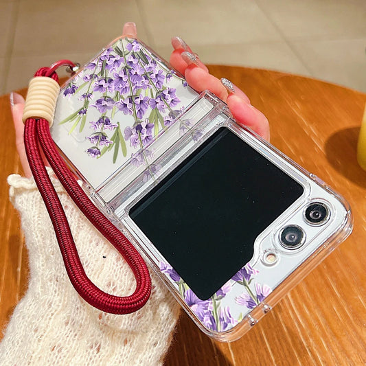 Wrist Strap Lanyard Phone Case For Samsung Galaxy Z Flip7 Flip6 Flip5 Flip4 Flip 7 FE 6 5 3 5G Purple Flower Pattern Clear Cover
