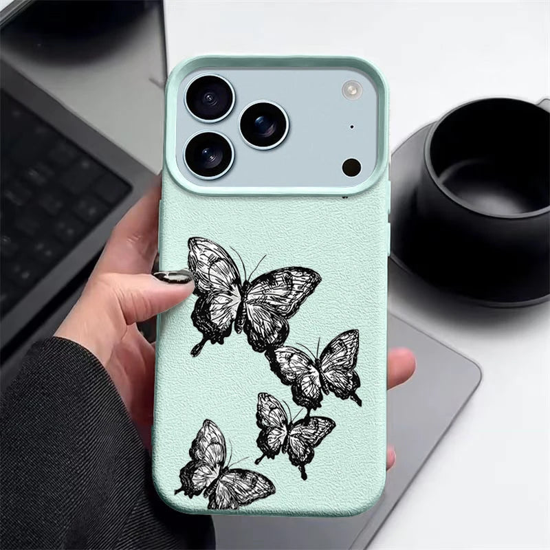 Black Butterfly Pattern Phone Case For iPhone 17 16e 16 15 Pro Max Leather Texture TPU Cover For iPhone Air 12 13 14 Pro Max 11