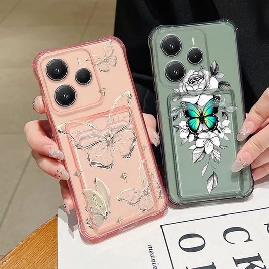 Card Pocket Soft TPU Case For Xiaomi Redmi Note 13 11 12 Pro 5G Note 12 13 4G 11S 13C 14C Butterfly Pattern Silicone Phone Cover