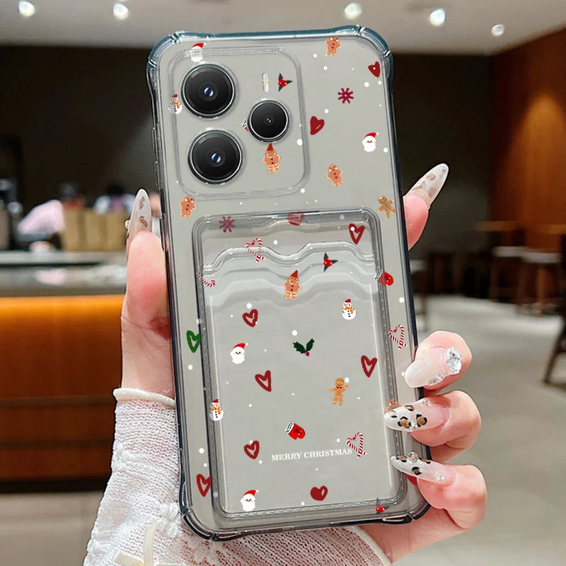 Card Slot Pocket Soft TPU Phone Case For Xiaomi 13T Pro Xiaomi 14T PRO Shockproof Cute Elk Love Heart Printed Clear Back Cover