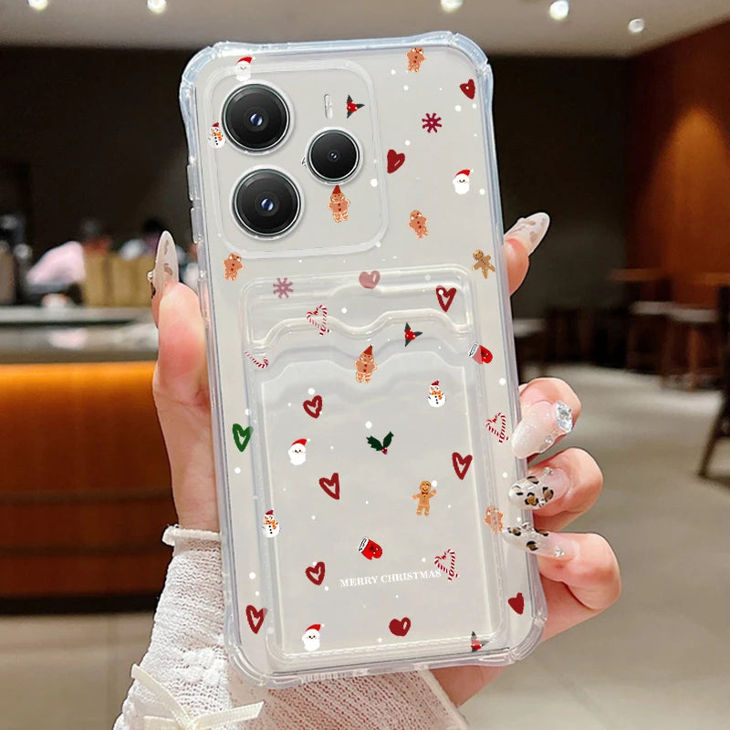 Card Slot Pocket Soft TPU Phone Case For Xiaomi 13T Pro Xiaomi 14T PRO Shockproof Cute Elk Love Heart Printed Clear Back Cover
