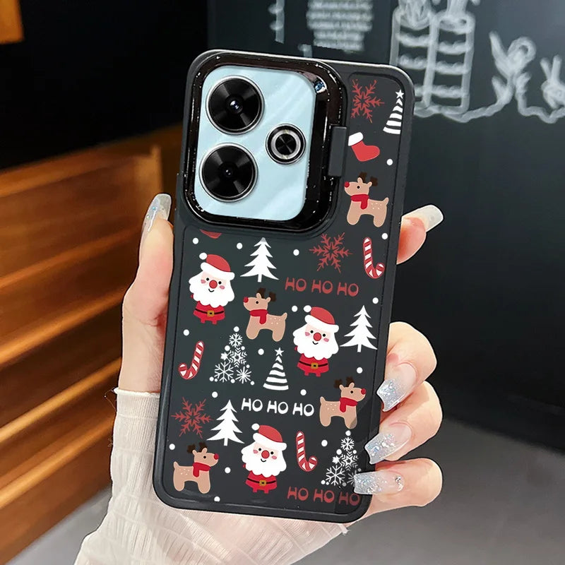 Lens Frame Holder Soft TPU Case For Xiaomi Redmi Note 13 Pro 12 11 Pro 5G 13C 4G Merry Christmas Pattern Kickstand Phone Cover