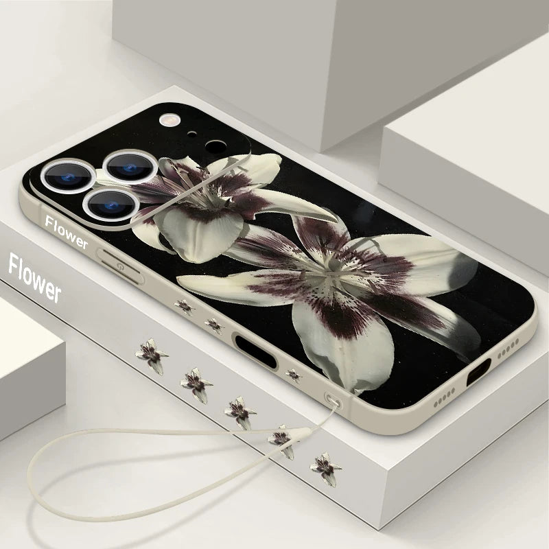 Wrist Strap Lanyard TPU Phone Case For iPhone 17 16 15 Pro Max 12 13 14 Pro Max Air 11 Lily Flower Pattern Soft Silicone Cover