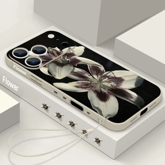 Wrist Strap Lanyard TPU Phone Case For iPhone 17 16 15 Pro Max 12 13 14 Pro Max Air 11 Lily Flower Pattern Soft Silicone Cover
