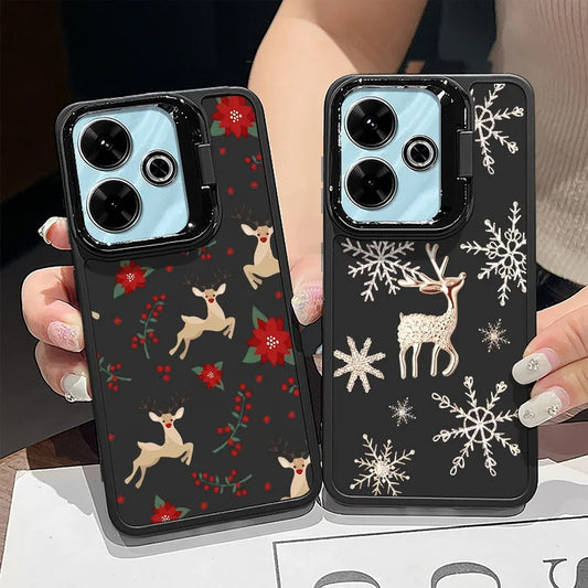 Lens Frame Holder Soft TPU Case For Xiaomi Redmi Note 13 Pro 12 11 Pro 5G 13C 4G Christmas Elk Pattern Kickstand Phone Cover