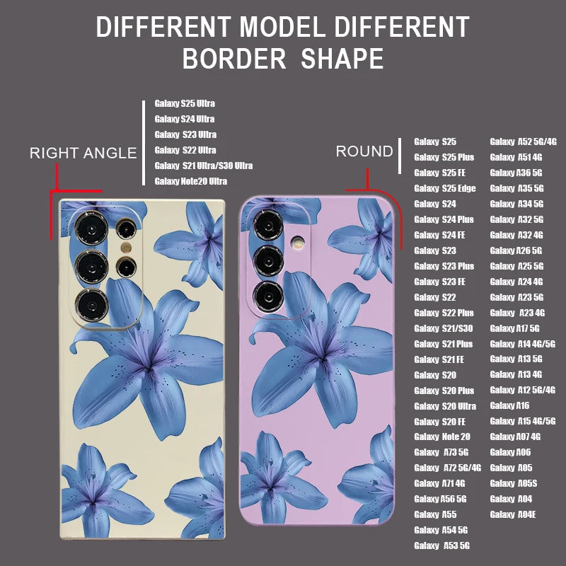 Soft TPU Phone Case For Samsung Galaxy S24 S25 FE S25 S23 S22 Ultra A17 A56 A16 A55 A25 A15 A36 A54 5G Blue Flower Print Cover
