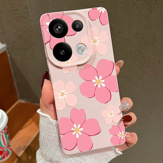 Cartoon Peach Blossoms TPU Phone Case For Xiaomi 13T Pro Shockproof Slim Leather Texture Soft Silicone Back Cover For Xiaomi 13T