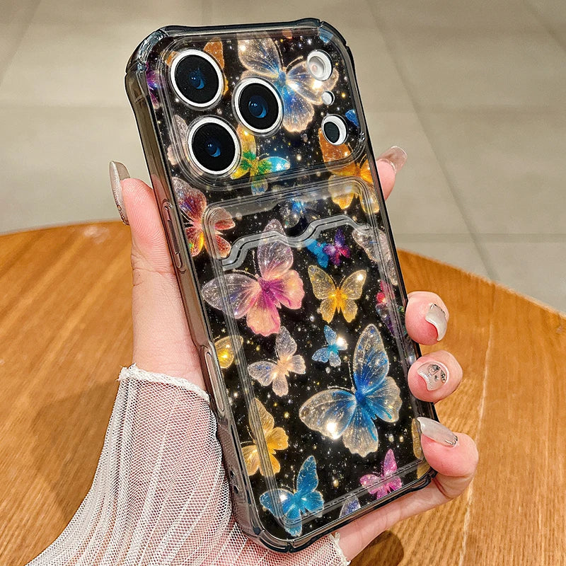 Card Slot Pocket Case For iPhone 17 16 Pro 15 14 13 Pro Max 11 Shockproof Gorgeous Butterfly Pattern Soft Silicone Phone Cover