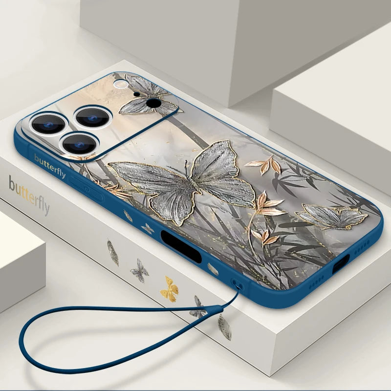 Wrist Strap Lanyard Soft TPU Case For iPhone 17 16 15 Pro Max 12 13 14 Pro Max Air 11 Butterfly Leaves Pattern Silicone Cover