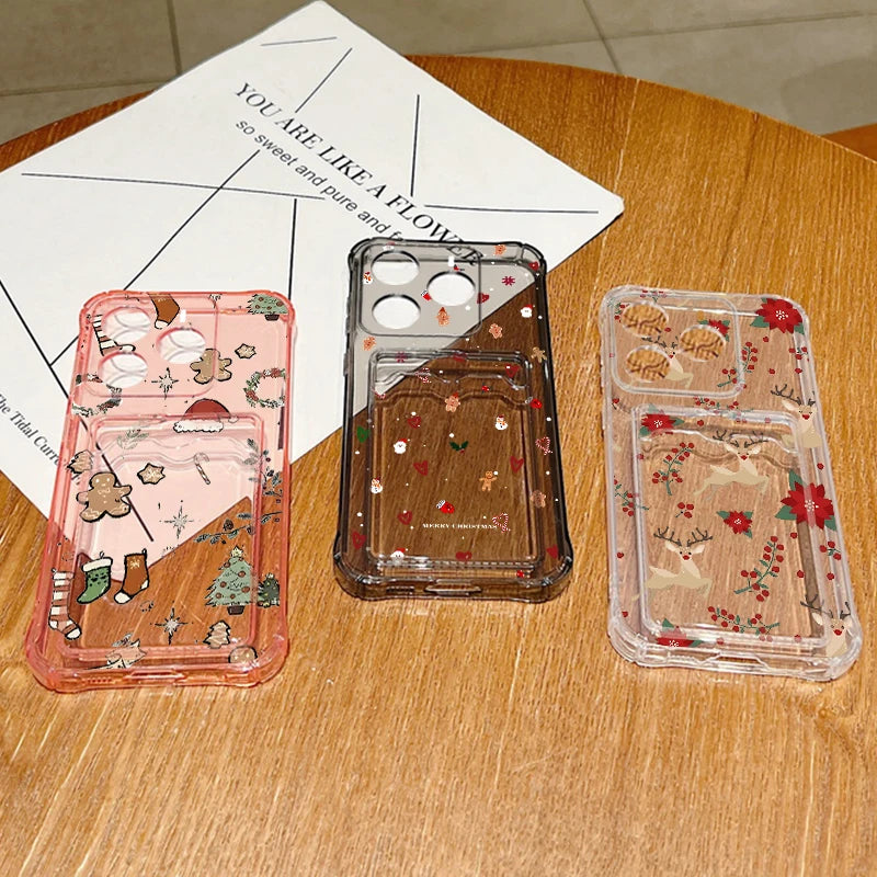 Card Slot Pocket Soft TPU Phone Case For Xiaomi 13T Pro Xiaomi 14T PRO Shockproof Cute Elk Love Heart Printed Clear Back Cover