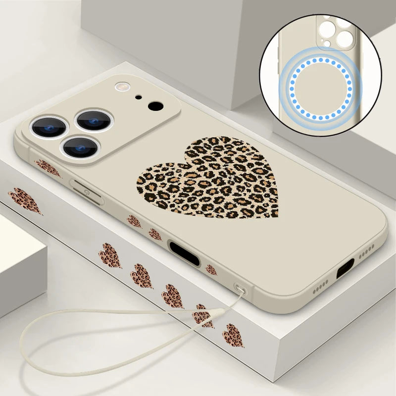 Magnetic For Magsafe Case For iPhone 17 Pro Max Air 16E 16 15 14 13 12 Pro Max 11 Leopard Print Love Heart Lanyard TPU Cover