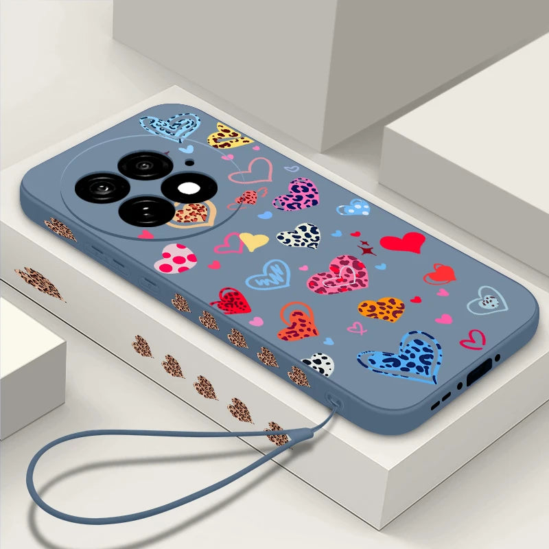 Lanyard Soft TPU Phone Case For OnePlus 15 13 13T 12 13R 12R 11R Nord 5 Ace 5 3 2 5G Colorful Love Heart Printed Silicone Cover