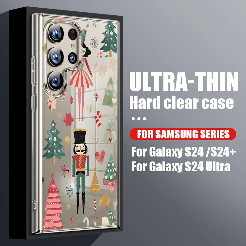 Clear Hard PC Case For Samsung Galaxy S25 S24 S23 Ultra S24 S25 FE S22 S21 Plus Christmas Elk Pattern Transparent Phone Cover