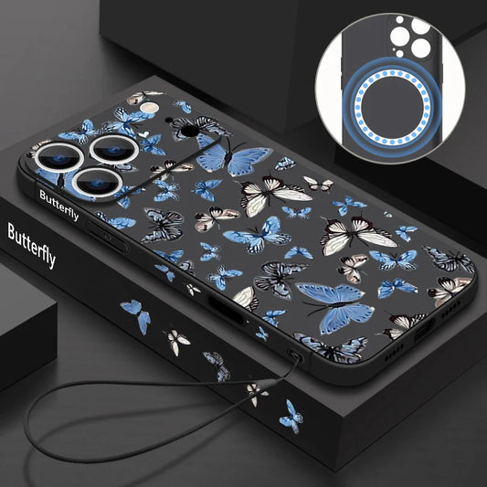 Blue Butterfly Pattern Phone Case For iPhone 17 Pro Max Air 16E 16 15 14 13 12 Pro Max 11 Magnetic For Magsafe Lanyard TPU Cover
