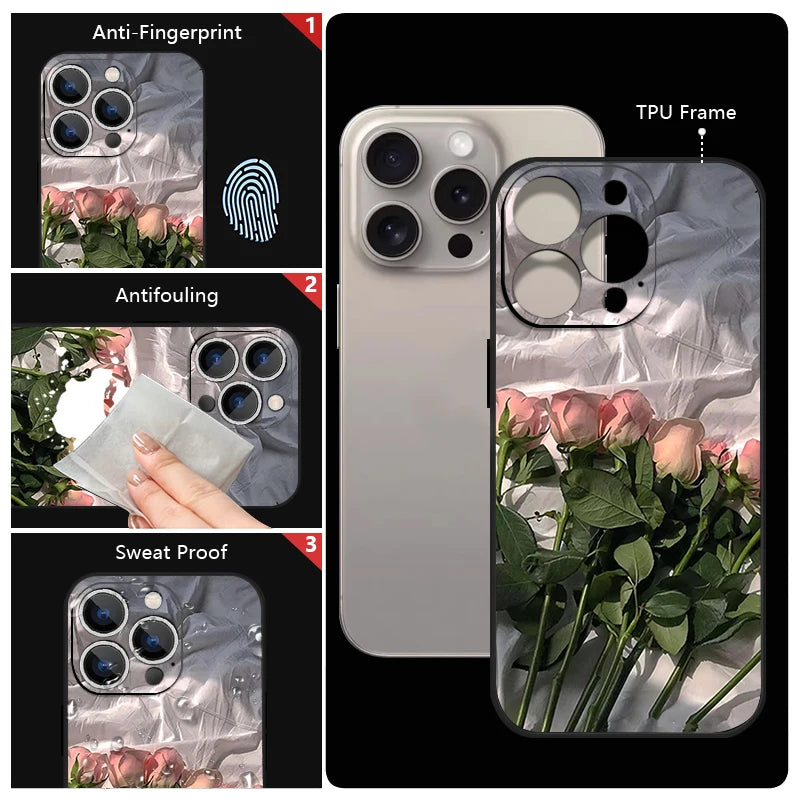 Wrist Strap Lanyard TPU Phone Case For iPhone 17 16 15 Pro Max 12 13 14 Pro Max Air 11 Pink Rose Pattern Soft Silicone Cover