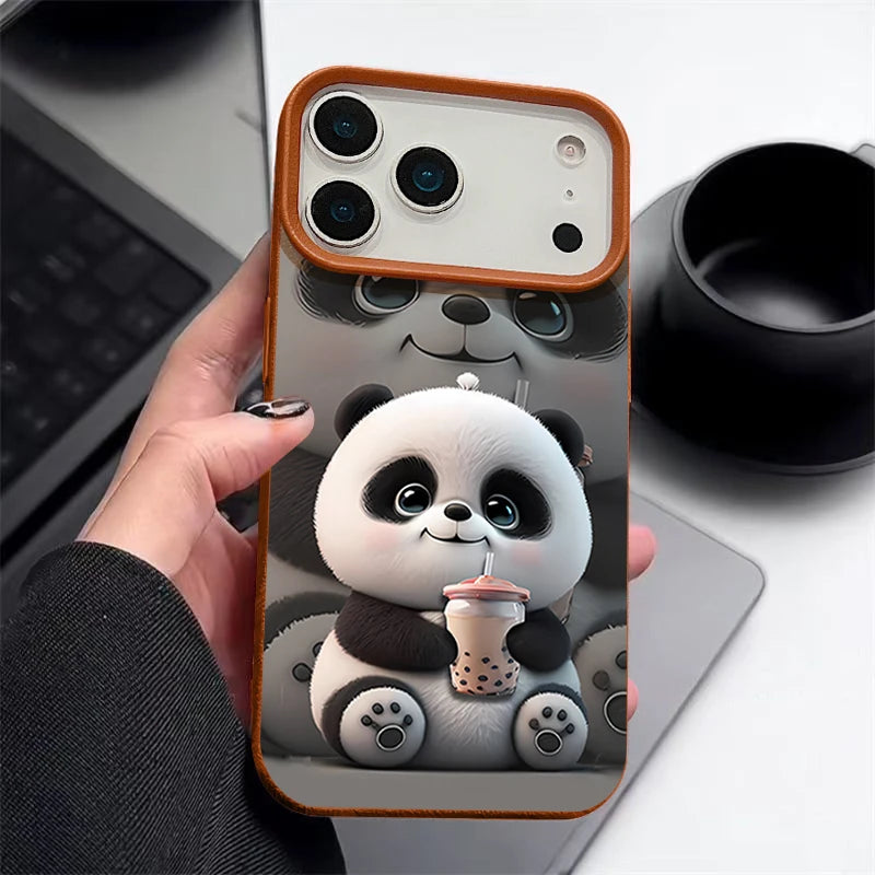 Cartoon Panda Printed TPU Phone Case For iPhone 17 16e 16 15 Pro Max 14 13 12 Pro Max 11 Air Soft Leather Texture Silicone Cover