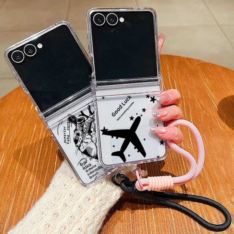 Wrist Strap Lanyard Phone Case For Samsung Galaxy Z Flip7 Flip6 Flip5 Flip4 Flip 7 FE 6 5 4 3 5G Airplane Pattern Folding Cover