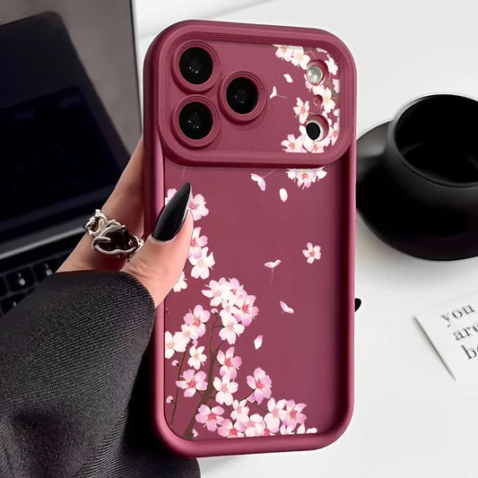 Pink Peach Blossom Pattern Phone Case For iPhone 17 Pro Air 16e 15 16 Pro Max 14 16 Plus 13 12 Pro Max Soft Silicone Back Cover