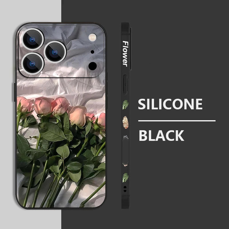 Wrist Strap Lanyard TPU Phone Case For iPhone 17 16 15 Pro Max 12 13 14 Pro Max Air 11 Pink Rose Pattern Soft Silicone Cover