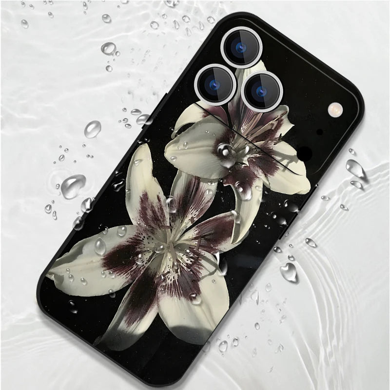 Wrist Strap Lanyard TPU Phone Case For iPhone 17 16 15 Pro Max 12 13 14 Pro Max Air 11 Lily Flower Pattern Soft Silicone Cover