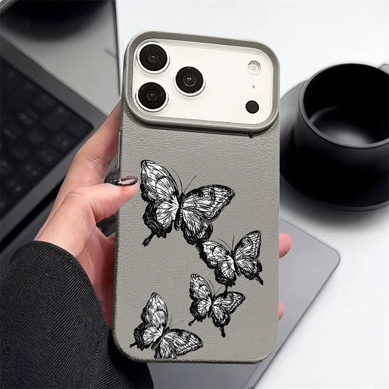 Black Butterfly Pattern Phone Case For iPhone 17 16e 16 15 Pro Max Leather Texture TPU Cover For iPhone Air 12 13 14 Pro Max 11