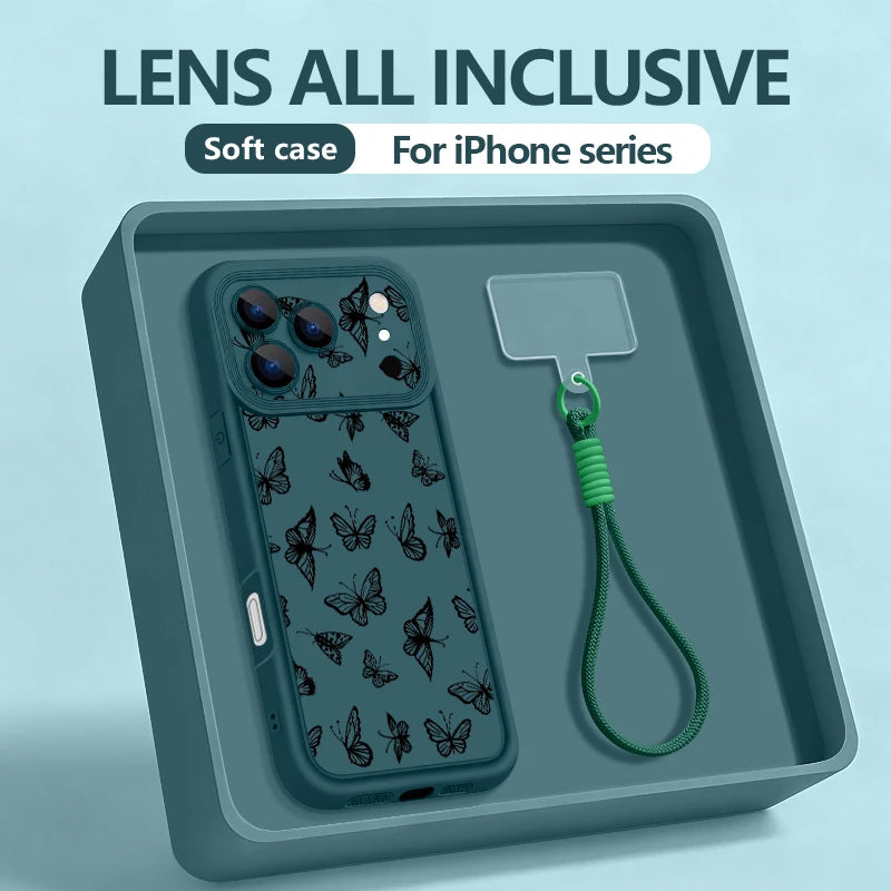 Wrist Strap Lanyard Phone Case For iPhone 17 Pro Max Air 16E 16 14 15 Pro 12 13 Pro Max 11 Black Butterfly Pattern TPU Cover