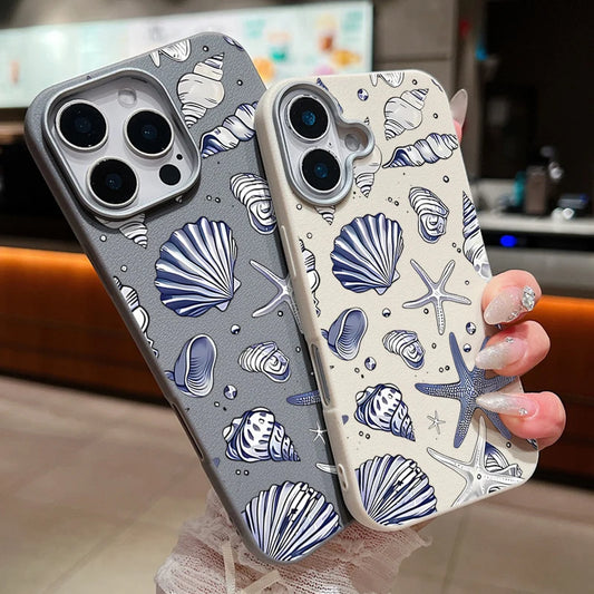 Starfish Printed Silicone Case For iPhone 16 Pro Max 14 15 Plus 13 12 Pro Max 11 Shockproof Leather Texture Soft TPU Phone Cover